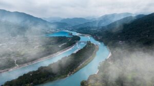 Aerial view of the ancient Dujiangyan Irrigation System on the Minjiang River near Chengdu, Sichuan, China.