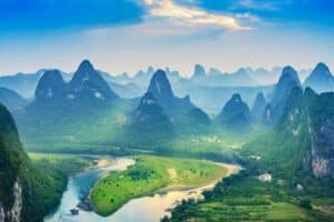 Iconic karst peaks and the winding Li River in Guilin, Guangxi, China.