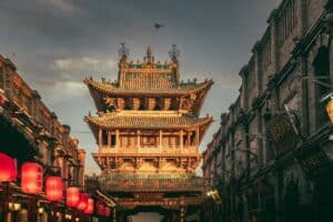 The ornate city tower of Pingyao Ancient City, a UNESCO World Heritage Site in Shanxi, China.