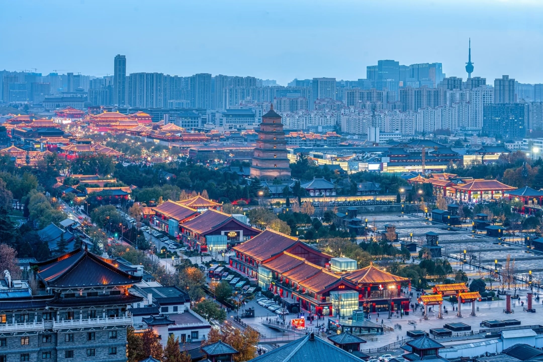 Aerial view of the Giant Wild Goose Pagoda and traditional architecture in Xi'an, Shaanxi, China at dusk